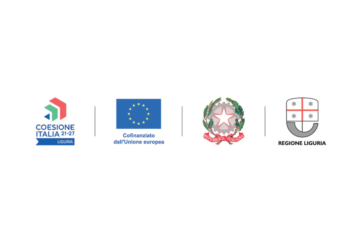 Loghi istituzionali del cofinanziamento: Coesione Italia 21-27 Liguria, Cofinanziato dall'Unione europea, Repubblica Italiana, Regione Liguria